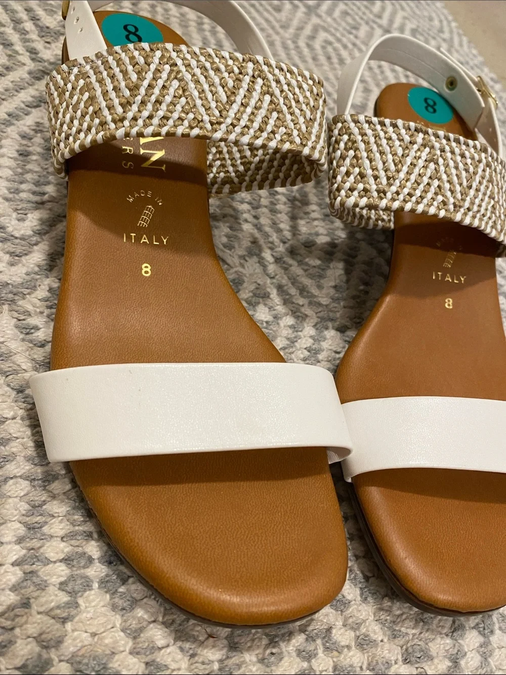 Italian Shoemakers 8 White/Tan Woven Faux Leather Heeled Sandals